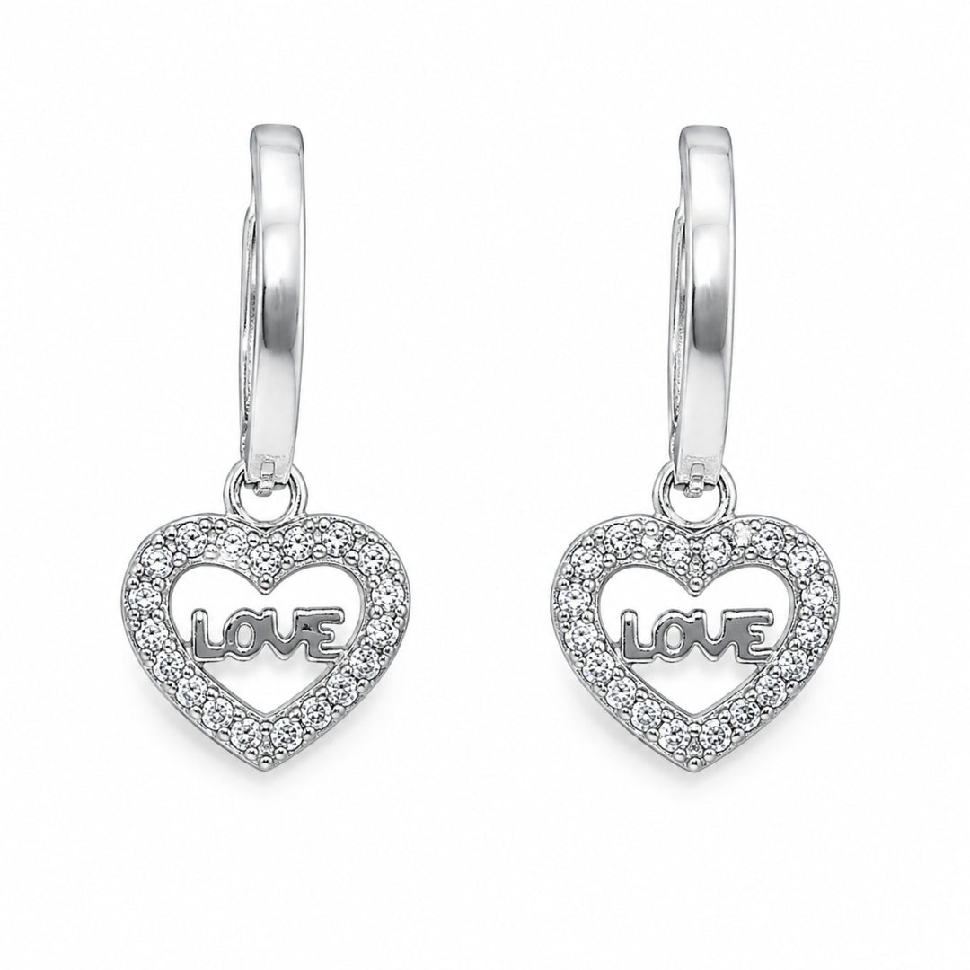 Sterling Silver Heart Drop LOVE Motif Earrings For Women & Girls
