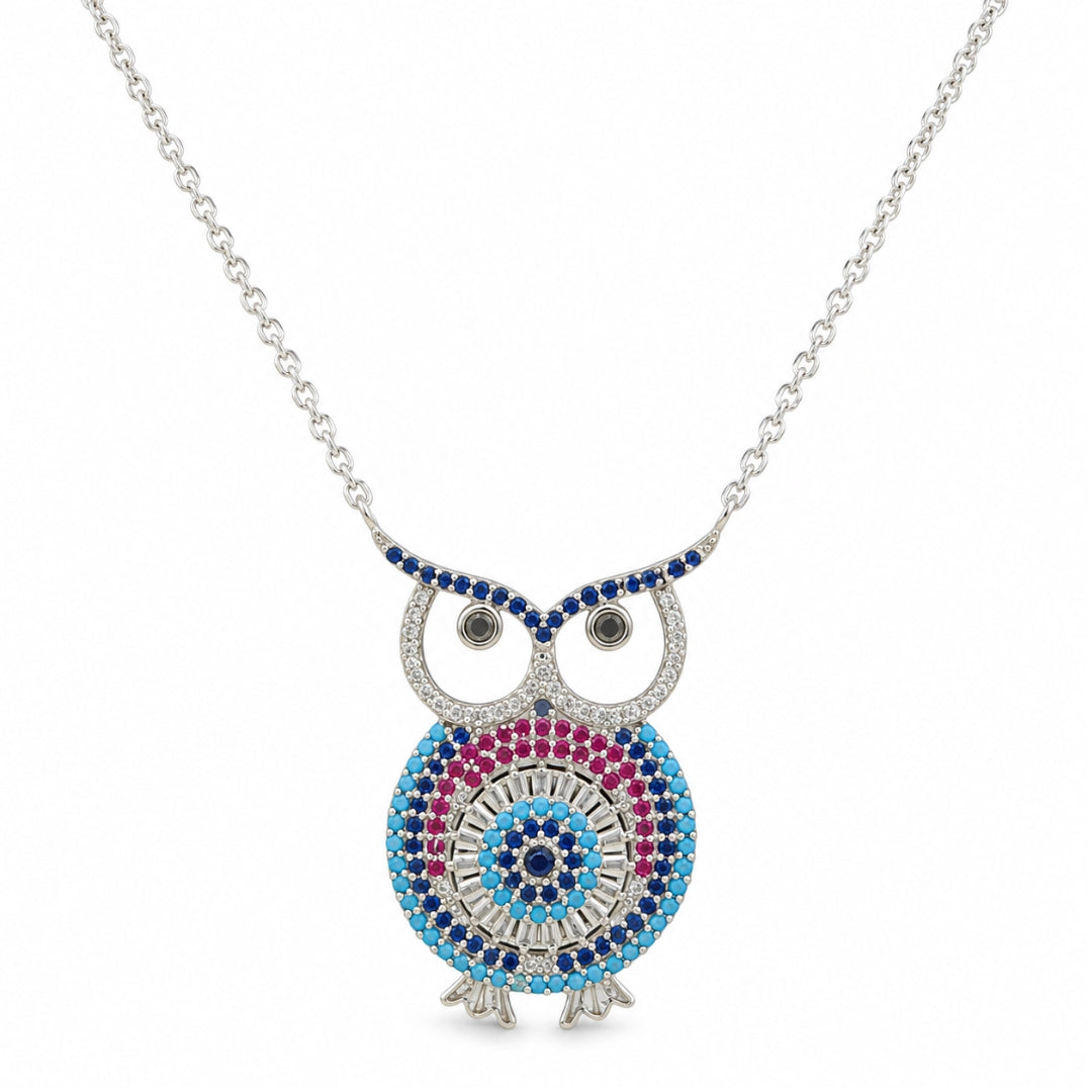 Sterling Silver Multi Colour Big Owl Chain Pendant for Women