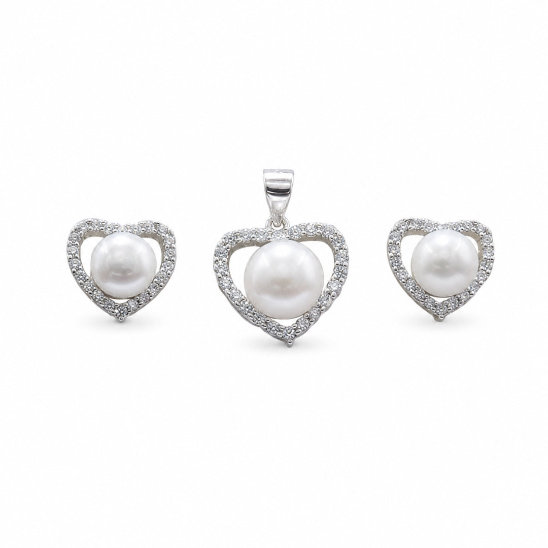 925 Sterling Silver Pearl in Heart Stone Pendant (without chain) with Earring Set for Women