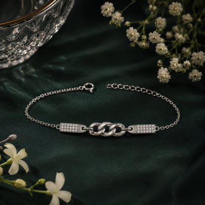 Sterling Silver Link Bracelet with Cubic Zirconia Bar Accents for Women and Girls