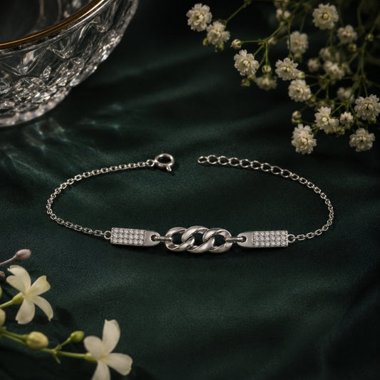 Sterling Silver Link Bracelet with Cubic Zirconia Bar Accents for Women and Girls