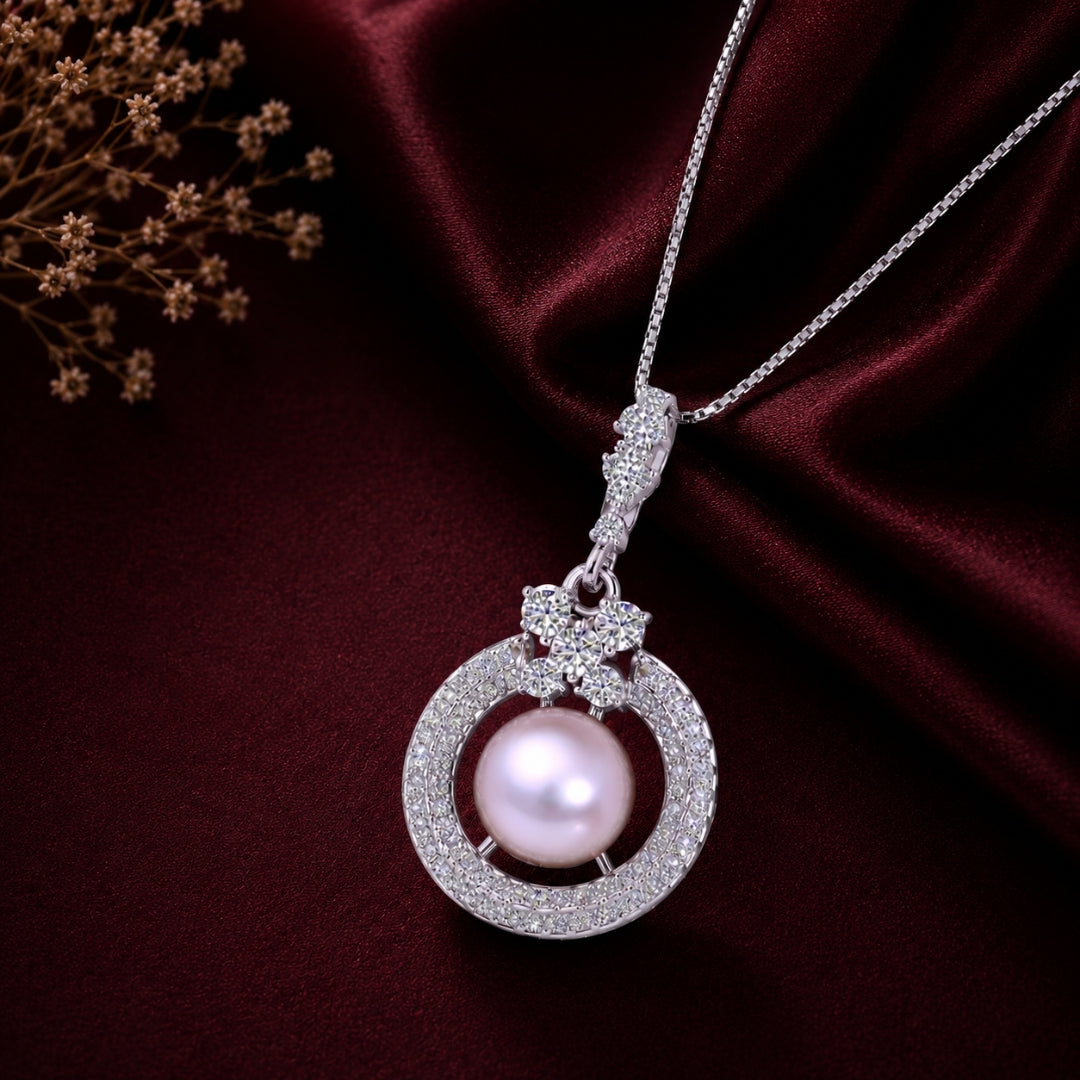 Sterling Silver Cubic Zirconia Studded Pearl Style Pendant Chain and Earrings Set for Women and Girls