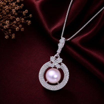 Sterling Silver Cubic Zirconia Studded Pearl Style Pendant Chain and Earrings Set for Women and Girls