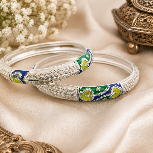 Sterling Silver Green Blue Vine Meenakari Manipuri Bangle Set for Women