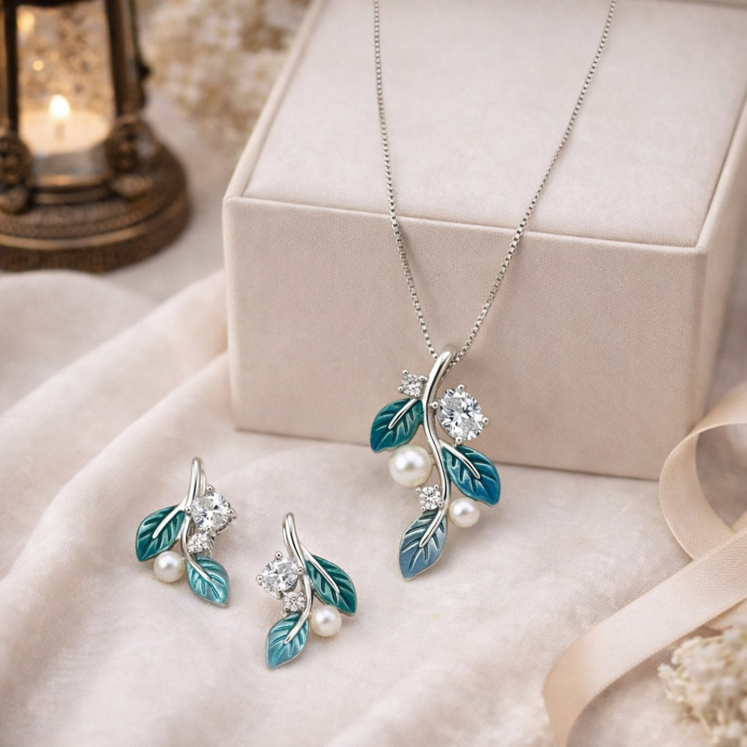 Sterling Silver Leaf Chain Pendant with Earrings Set for Women
