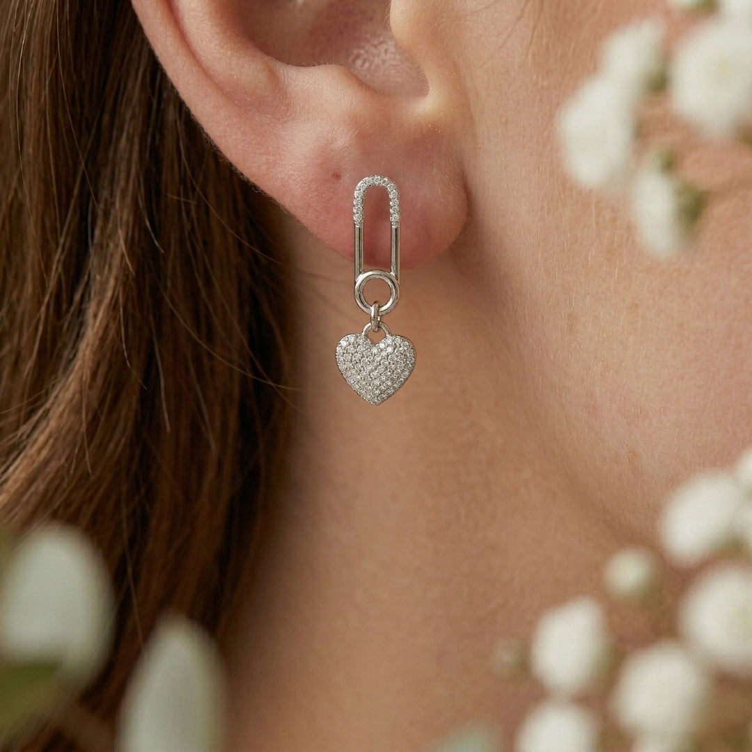 Sterling Silver Paperclip Design Heart Drop Earrings for Women