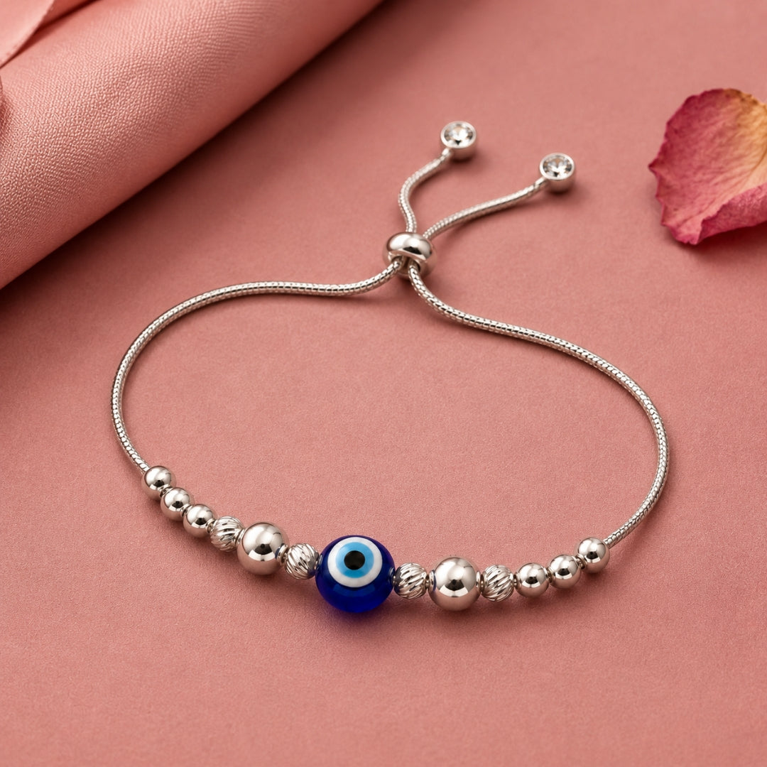 925 Sterling Silver Blue Evil Eye Textured Bead Adjustable Bracelet for Women