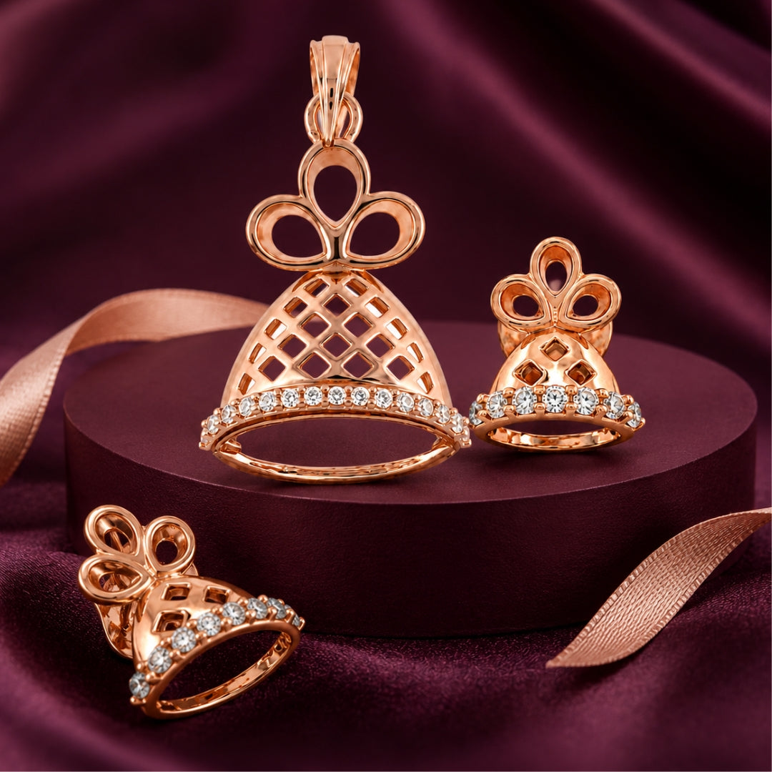 Sterling Silver Rose Gold Plated Bell Pendant(without chain) with Matching Earrings Set for Women & Girls