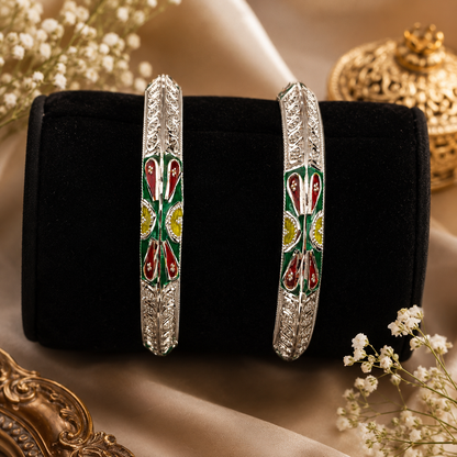Sterling Silver Green Maroon Meenakari Manipuri Bangle Set for Women