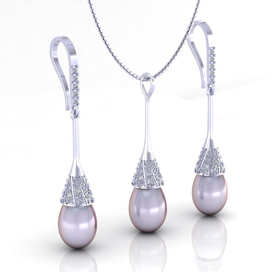 Sterling Silver Pearl drop chain pendant with earrings set for women and girls