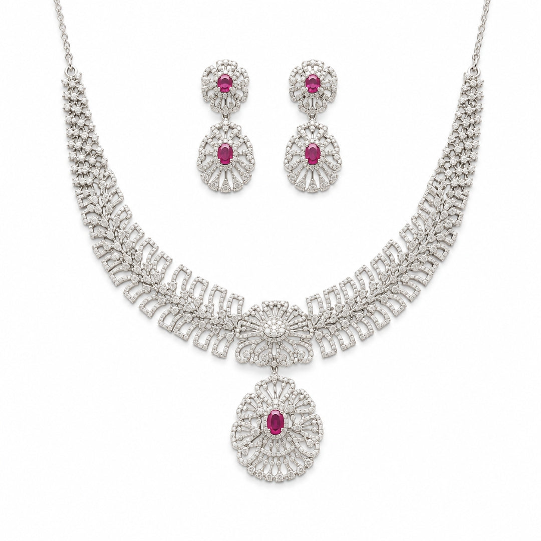 Sterling Silver Floral Pink Stone Necklace With Earrings for Women