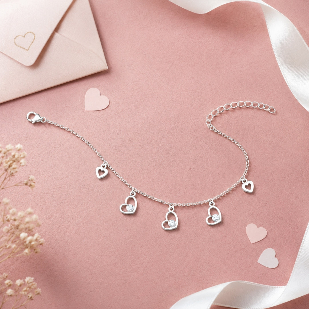 Sterling Silver Cubic Zirconia Heart Charm Bracelet for Women and Girls