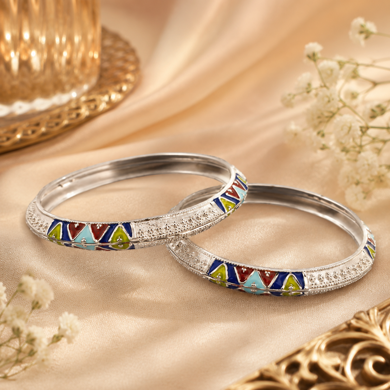 Sterling Silver Triangle Motif Meenakari Manipuri Bangle Set for Women