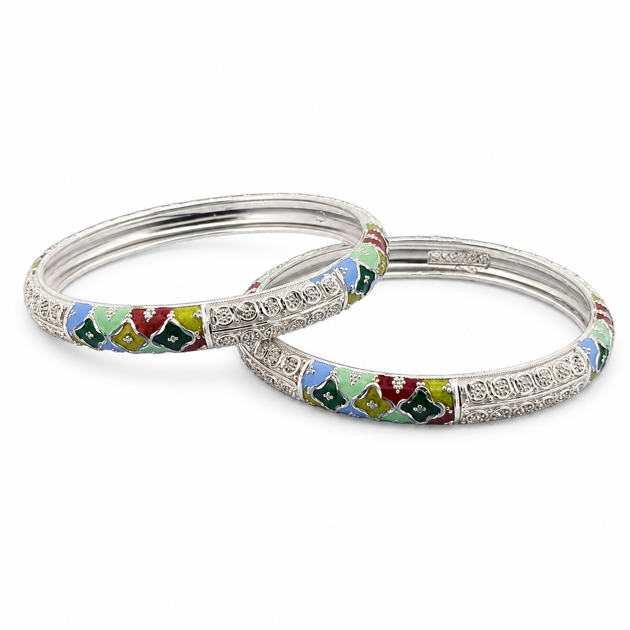 Sterling Silver Petal Motif Meenakari Manipuri Bangle Set for Women
