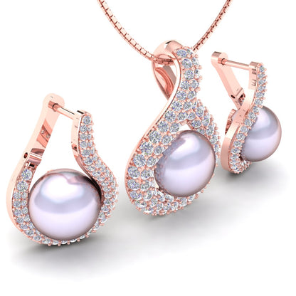 Rose Gold Tone Infinity Pearl Zircon Pendant Set with Chain & Earrings for Women & Girls