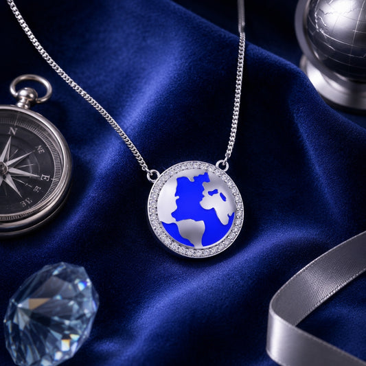 925 Sterling Silver Blue Globe Chain Pendant  for Women & Girls