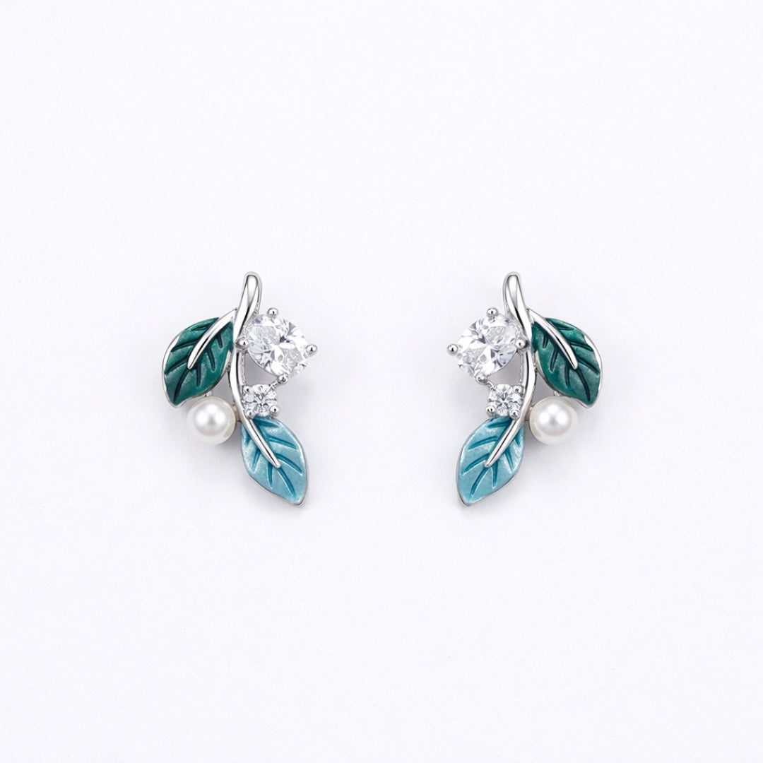 Sterling Silver Leaf Chain Pendant with Earrings Set for Women