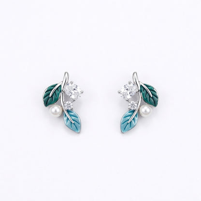 Sterling Silver Leaf Chain Pendant with Earrings Set for Women