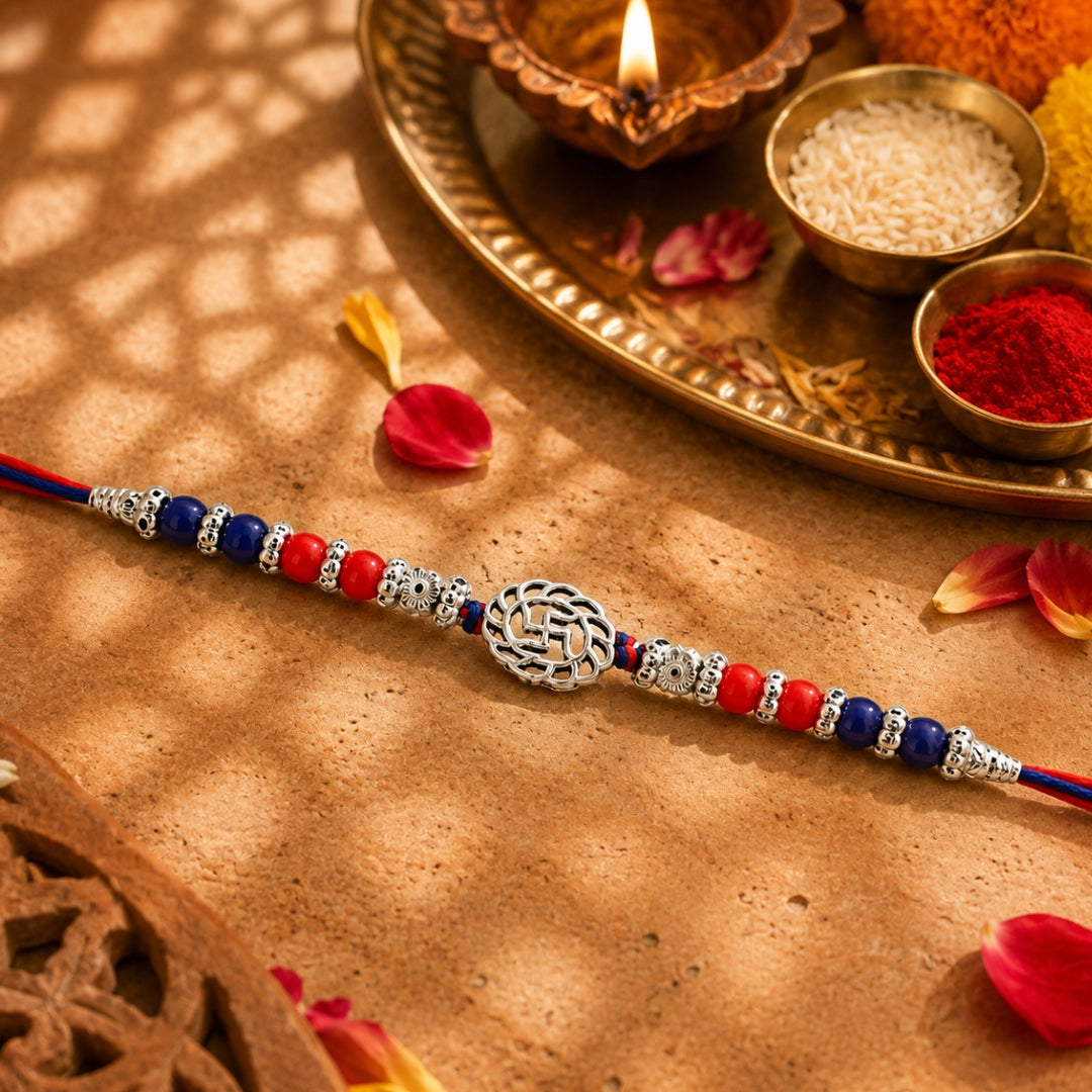 Sterling Silver Oxidized Swastik Rakhi For Brother