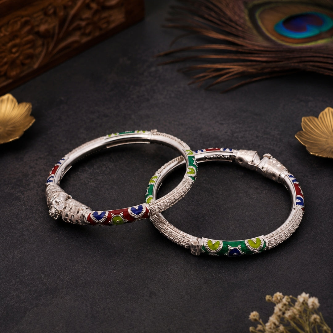 Sterling Silver Red and Green Manipuri Bangle for Women