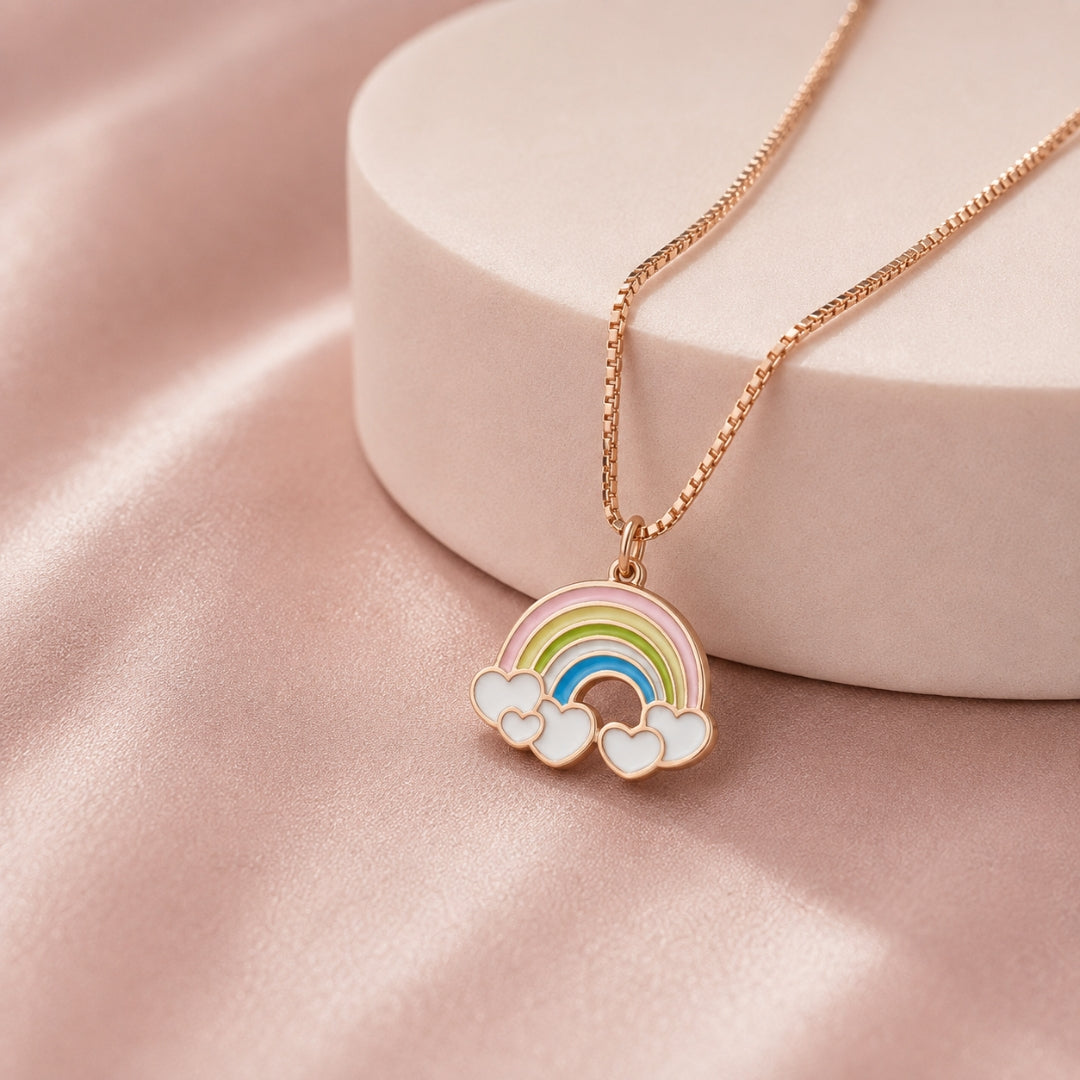 925 Sterling Silver Rose Gold Plated Rainbow Enamel Chain Pendant for Kids