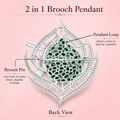 Sterling Silver Flute Motif Brooch Cum Pendant with Green Stones for Men and Women