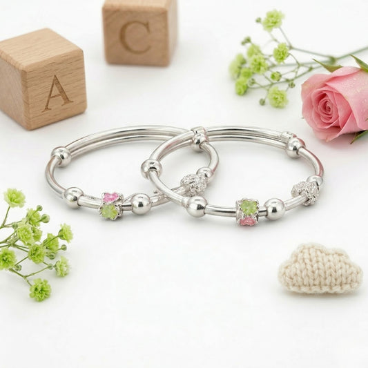 Sterling Silver Kids Adjustable Floral Charm Bangle
