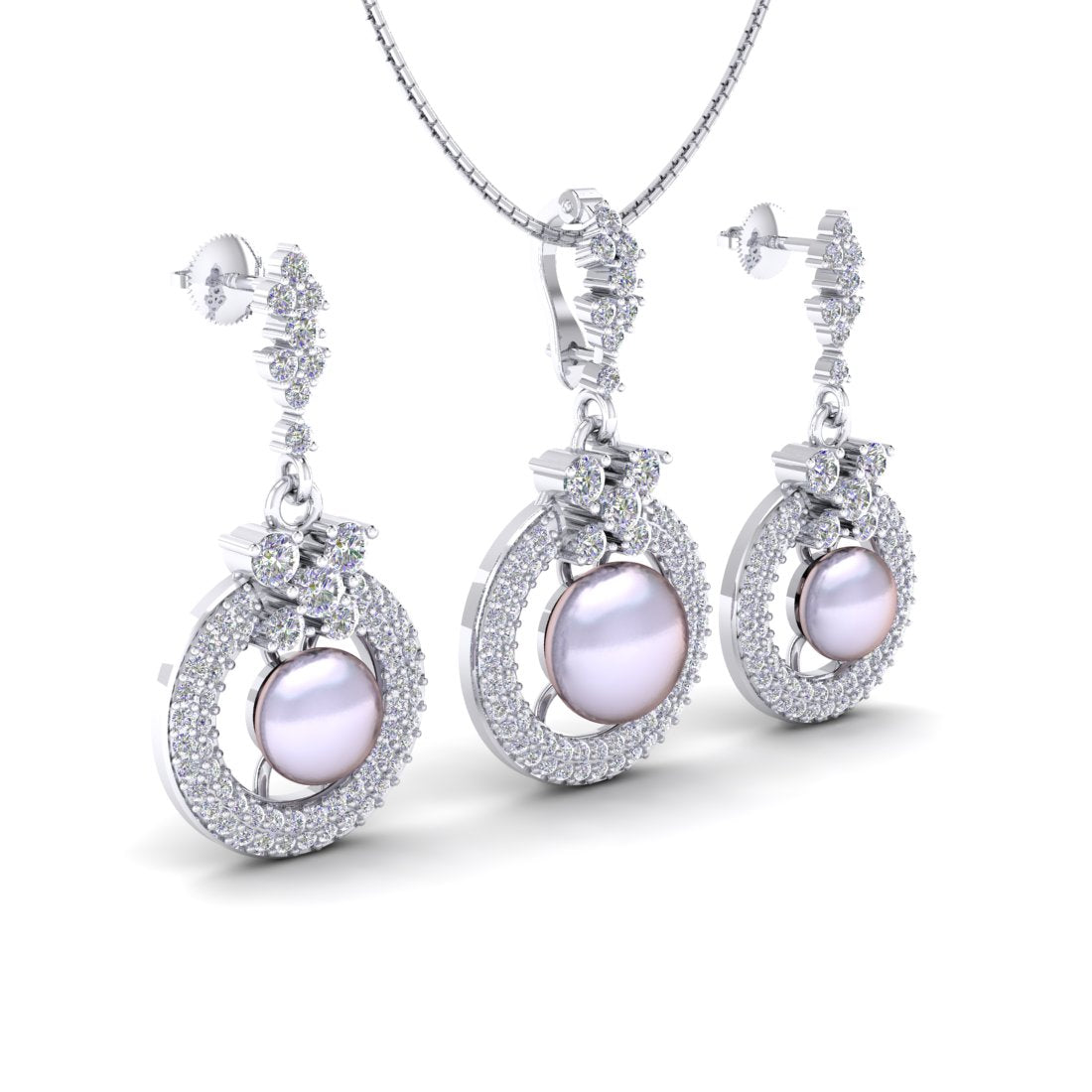 Sterling Silver Zircon studded pearl chain pendant with earrings set for women and girls