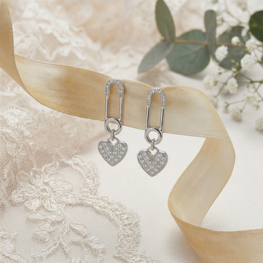 Sterling Silver Paperclip Design Heart Drop Earrings for Women