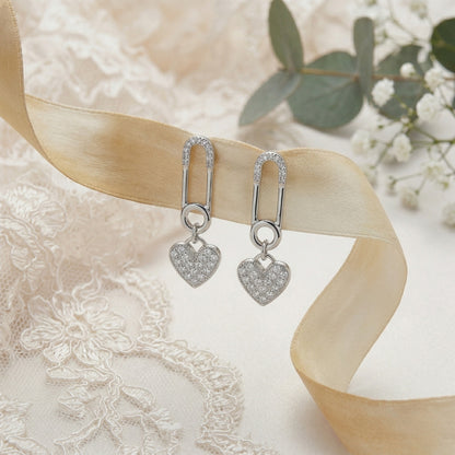 Sterling Silver Paperclip Design Heart Drop Earrings for Women