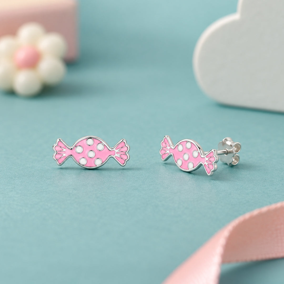 925 Sterling Silver Pink & White Polka Candy Stud Earrings for Girls