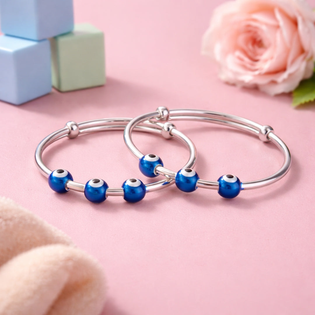 Sterling Silver Kids Adjustable Triple Evil Eye Nazariya Bangle