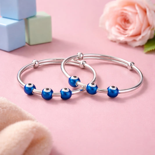 Sterling Silver Kids Adjustable Triple Evil Eye Nazariya Bangle