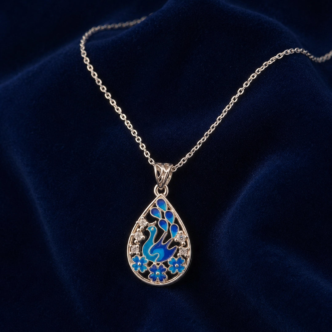 925 Sterling Silver Openwork Blue Tear Drop Peacock Chain Pendant for Women