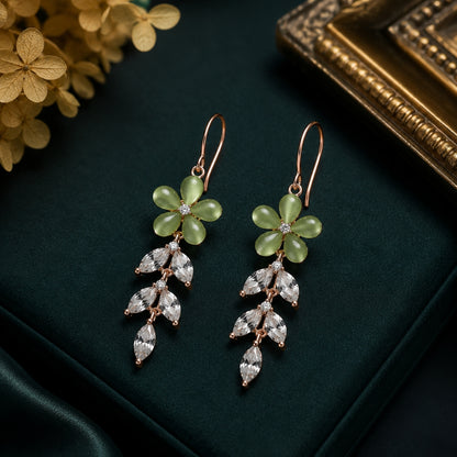 Sterling Silver Rose Gold Plated Green Floral CZ Leaf Dangler Earrings for Women