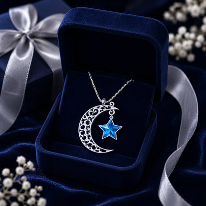 Sterling Silver Shining Moon Blue Star Pendant with Chain for Women and Girls