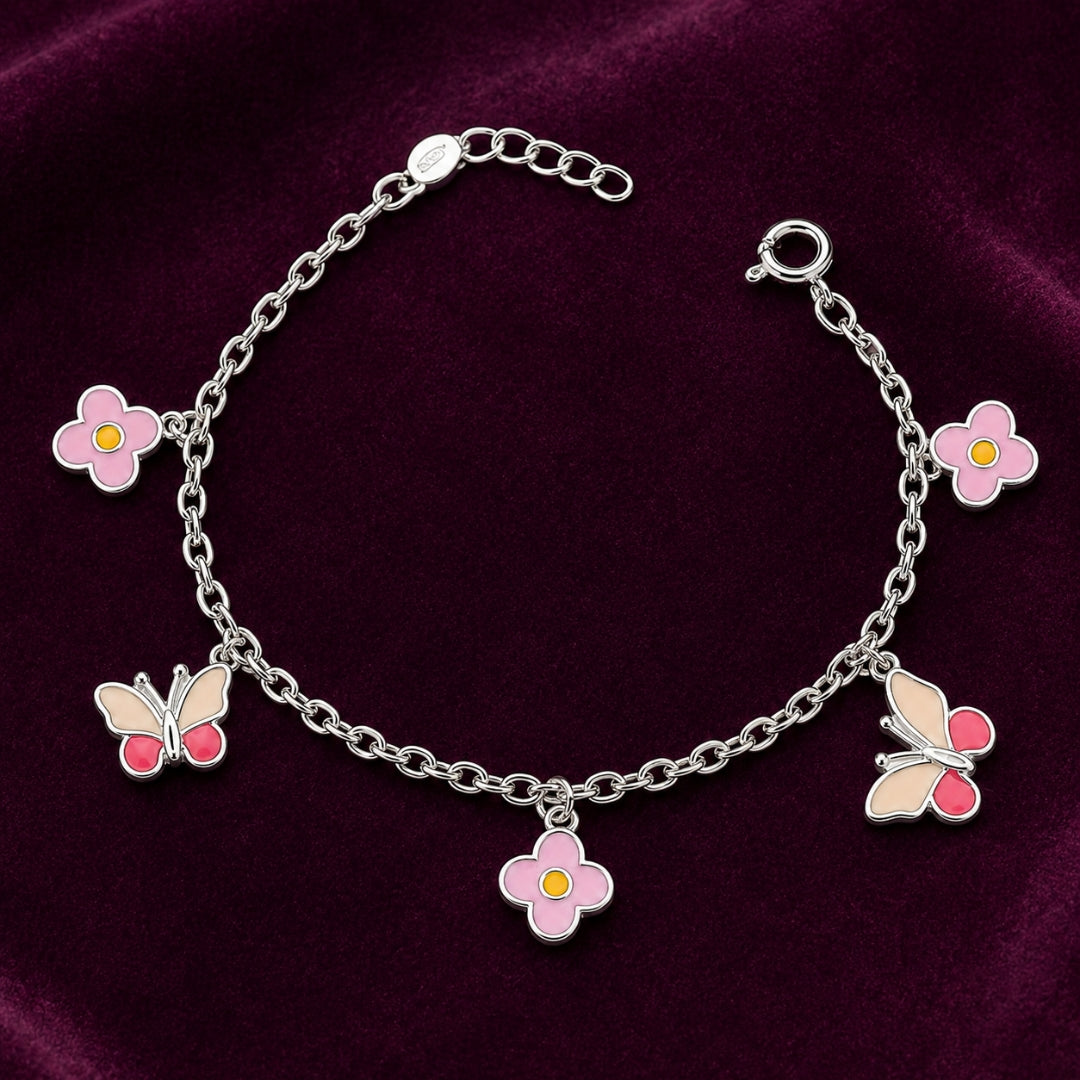 Sterling Silver Floral Butterfly Charm Bracelet for Kids