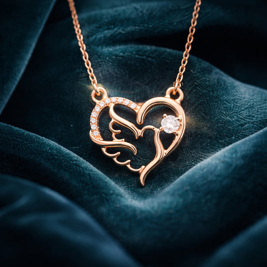 Sterling Silver Rose Gold Plated Angel Wing Heart Chain Pendant for Women