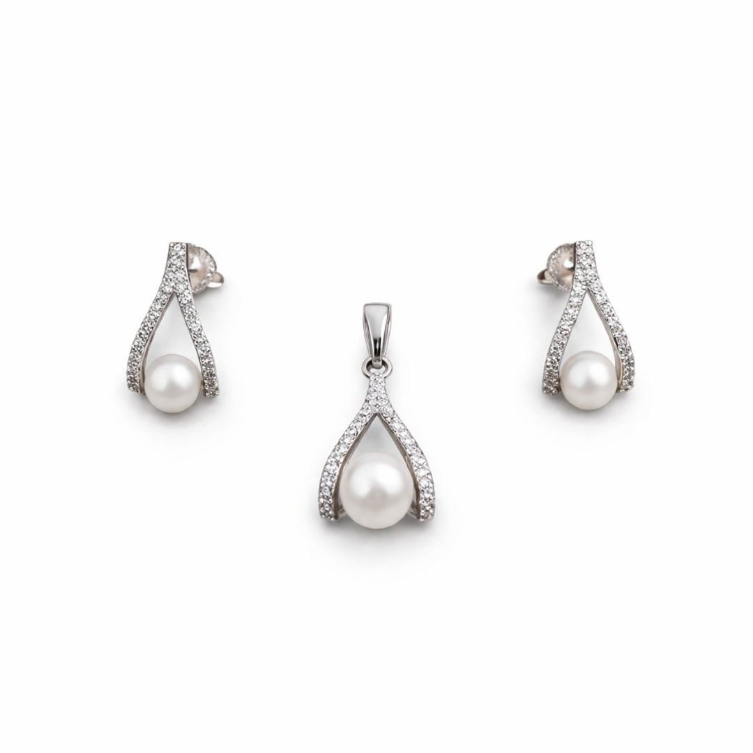 Sterling Silver Pearl harmony pendant with earrings set (Without Chain)for Women