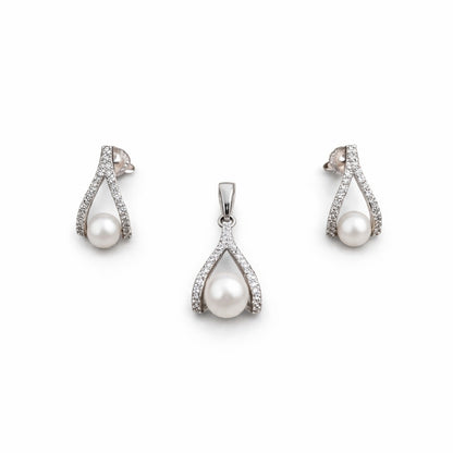 Sterling Silver Pearl harmony pendant with earrings set (Without Chain)for Women