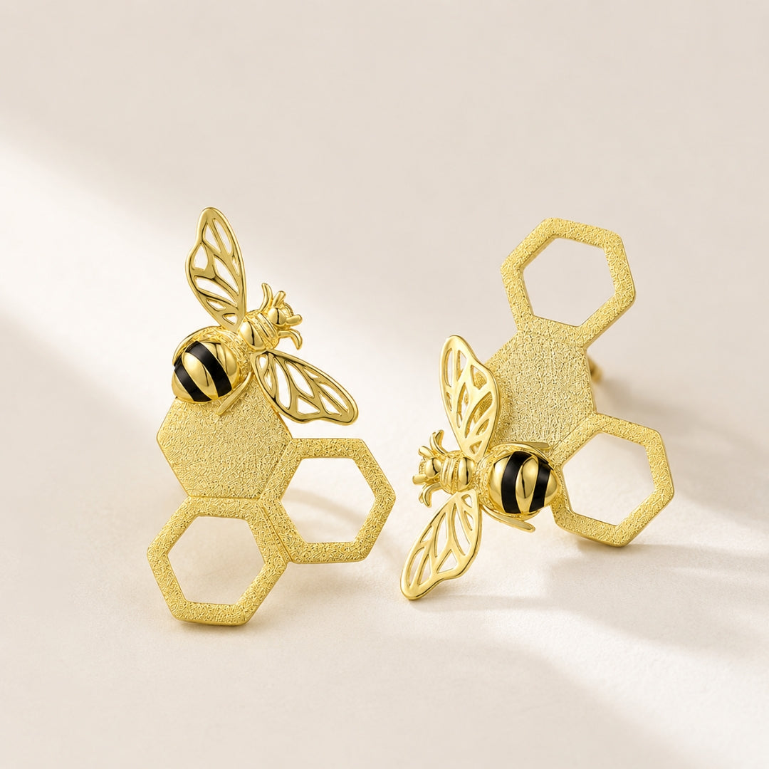 Sterling Silver Gold Plated Honeycomb Bee Stud Earrings For Women & Girls