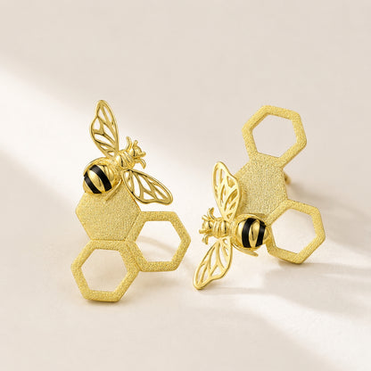 Sterling Silver Gold Plated Honeycomb Bee Stud Earrings For Women & Girls