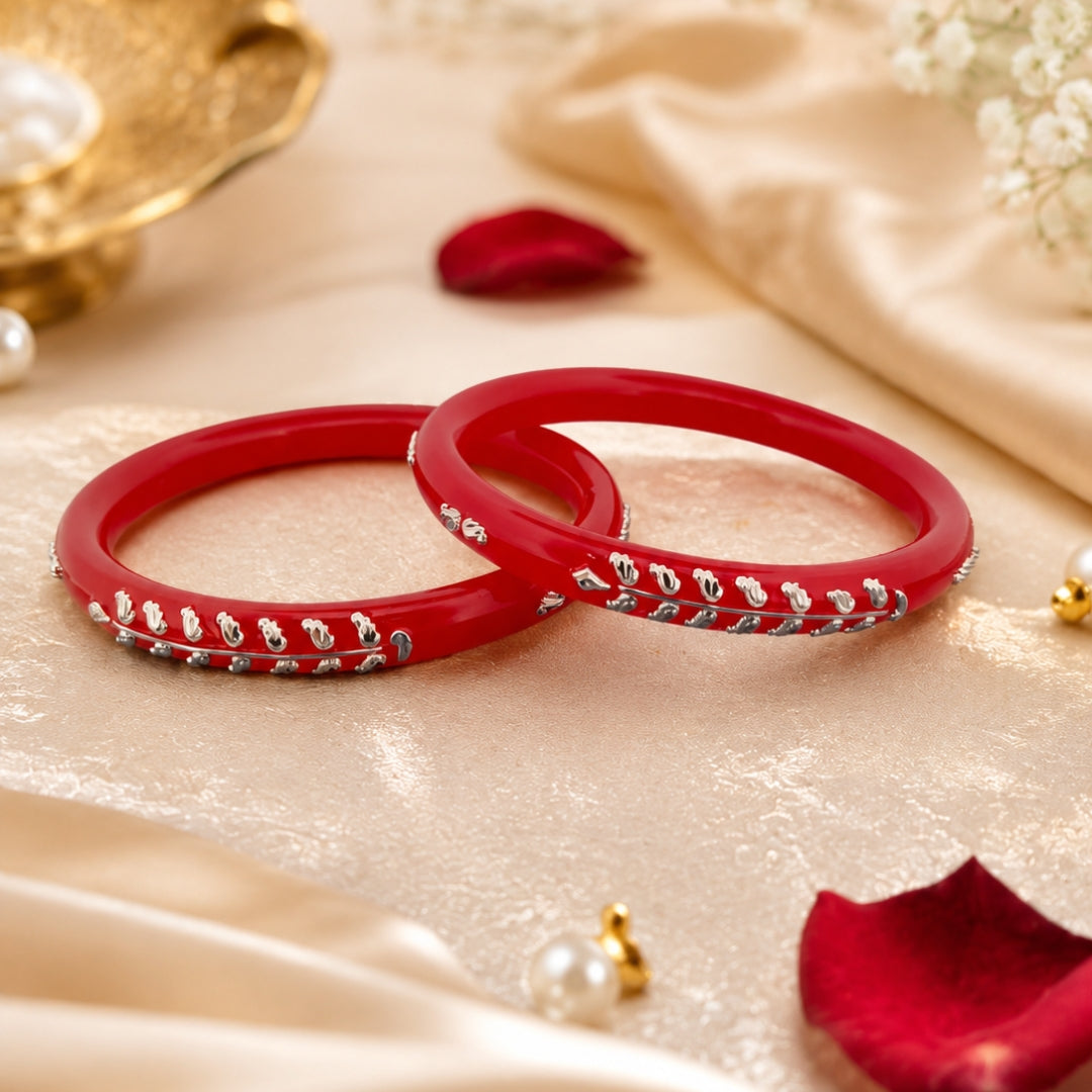 925 Sterling Silver Red Pola Bangle Pair with Floral Motif Detailing for Women