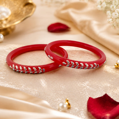925 Sterling Silver Red Pola Bangle Pair with Floral Motif Detailing for Women