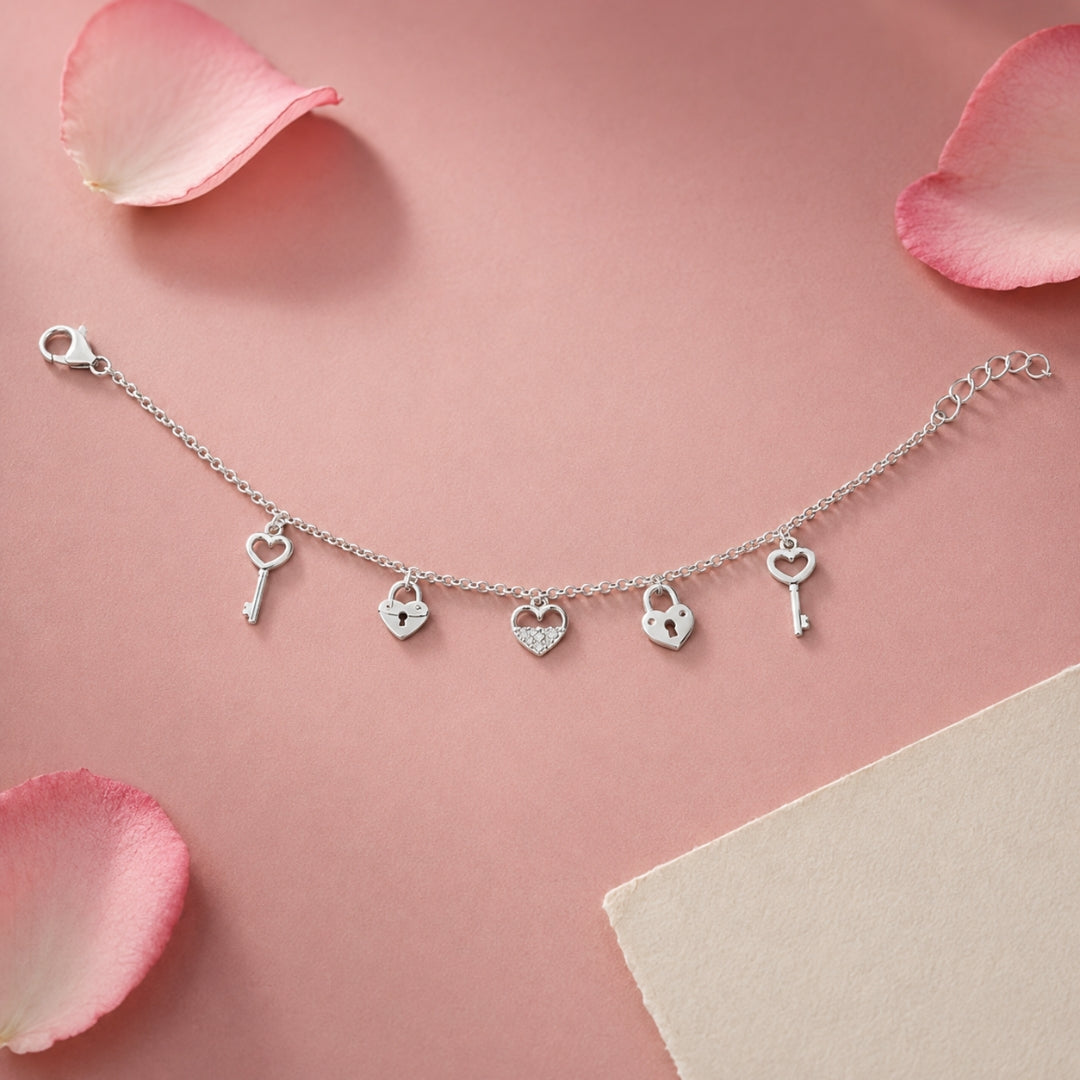 Sterling Silver Heart Key Charm Bracelet for Women and Girls