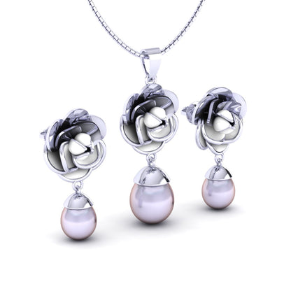 Sterling Silver floral pearl drop chain pendant with earrings for women and girls