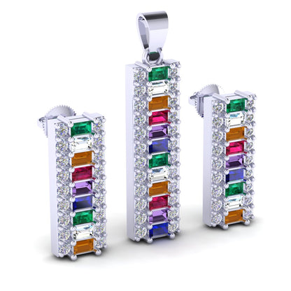 Sterling Silver Rainbow Stone Pendant with Earrings set for Women and Girls (Without Chain)