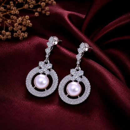 Sterling Silver Cubic Zirconia Studded Pearl Style Pendant Chain and Earrings Set for Women and Girls
