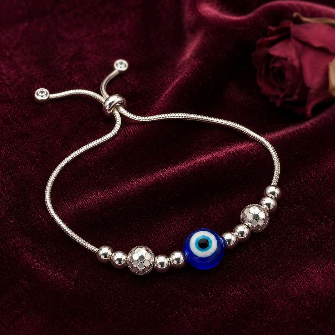 925 Sterling Silver Blue Evil Eye Honeycomb Textured Bead Adjustable Wristlet for Women