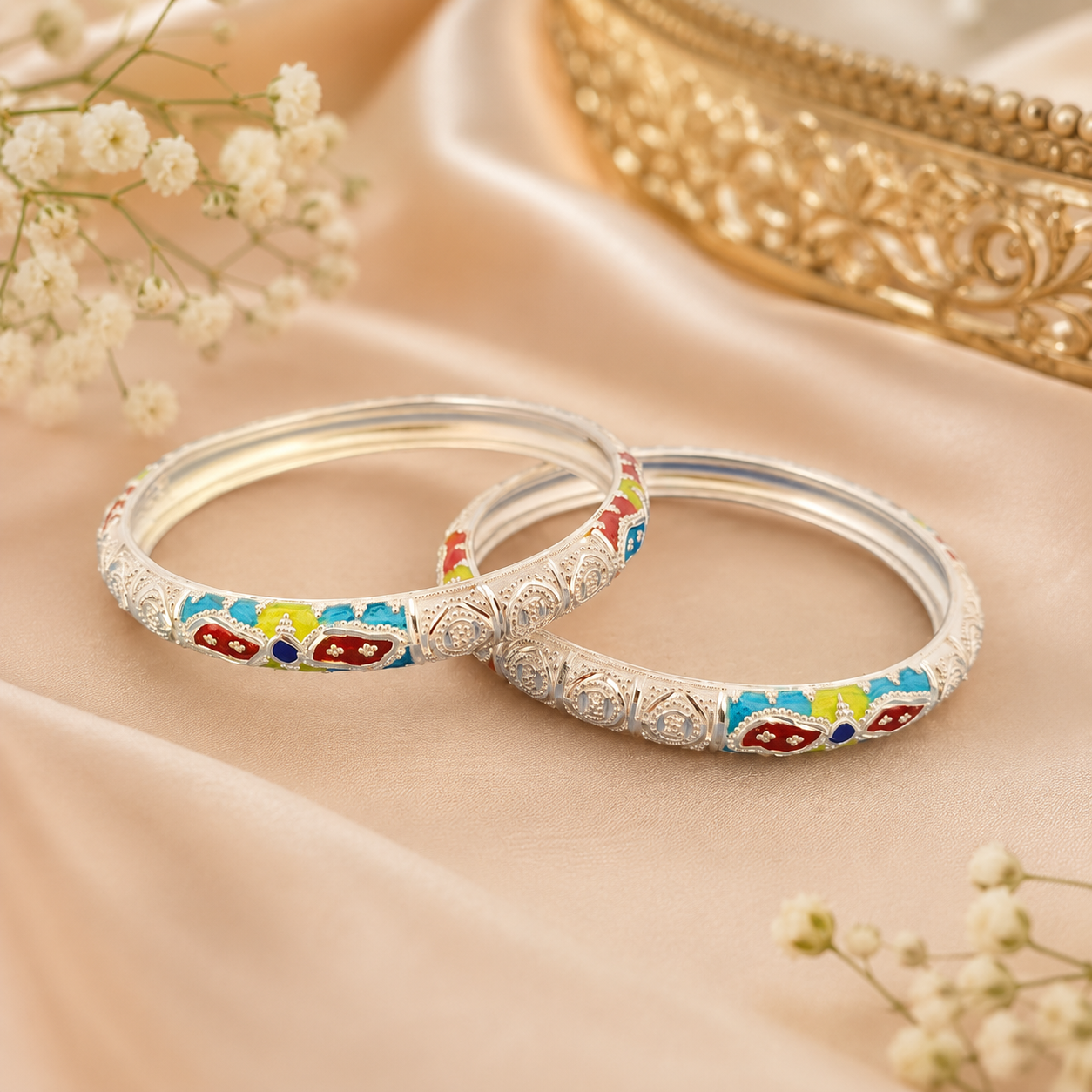 Sterling Silver Teal Maroon Meenakari Manipuri Bangle Set for Women